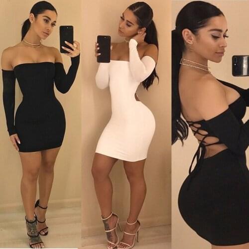 Autumn Winter Long Sleeve Dress Womens Sexy Off Shoulder Black Backless Lace Up Club Bodycon Mini Dress