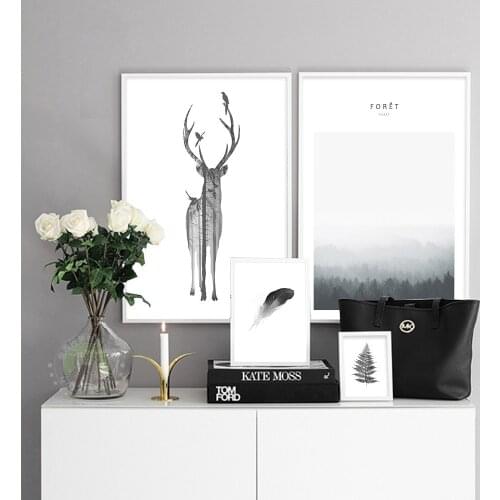 Nordic Style Deer Feather Poster Print Minimalist Wall Art Canvas Painting Forest Landscape Picture for Living Room Home Decor