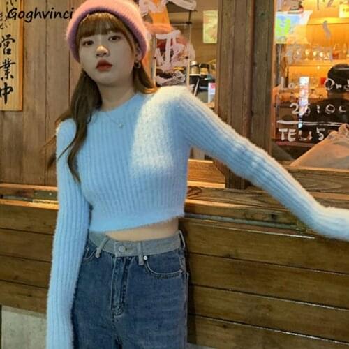 Women Pullovers Knitted Autumn Solid Long Sleeve Simple O-neck Short Sweaters Casual Korean Style Tops Ins Slim Streetwear New