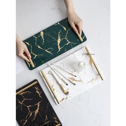 Light luxury Nordic tableware marble pattern rectangular tray ceramic storage tray home living room dining table snack tray