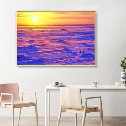 Snow Sunset Polar Bear Bear Painting Canvas Painting Vintage Art Craft Posters Coated Wall Stickers Home Decorative Picture Gift