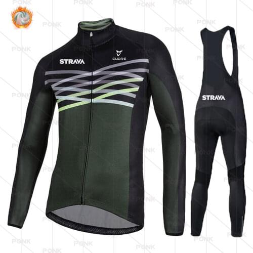 Strava Winter Thermal Fleece Long Sleeve Cycling Jersey Set Bib Pants Ropa Ciclismo Bicycle Clothing MTB Bike Men Clothes Suit