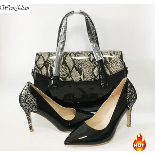 WENZHAN Top Grade With Shining PU leather Style 10CM high heel fashion soft shoes pointed toe Match Fashion Women HandBags