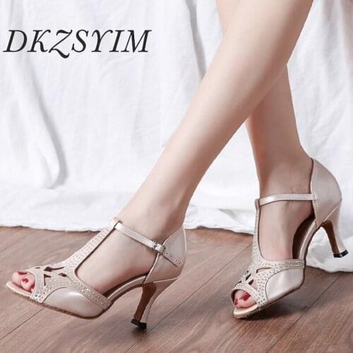 DKZSYIM Women Latin Dance Shoes Cuban Heels Ballroom Tango/Samba Dancing Shoes Suede Soles Comfortable Party Dance Sandals 3CM