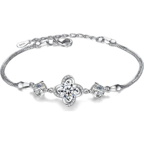 100% 925 sterling silver fashion cute flower shiny crystal ladies'bracelets wholesale women jewelry birthday gift drop shipping