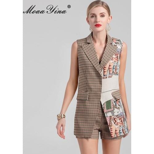 MoaaYina Fashion Designer Autumn Short Set Womens Printed Sleeveless jacket Coat and Shorts Two Piece Suit