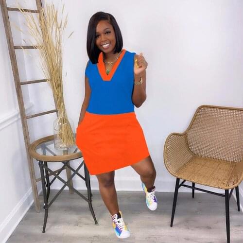 Casual Contrast Color Patchwork Sleeveless V-neck T-shirt Mini Dress Summer Womens Dress 2021 Robe Female Side Pockets Vestidos