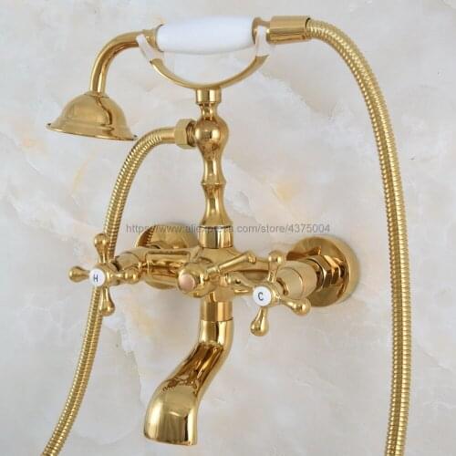 Bathtub Faucet Golden Wall Mounted Rain Shower Faucet Round Handheld 2 Handle Luxury Bathroom Mixer Tap Set Nna848