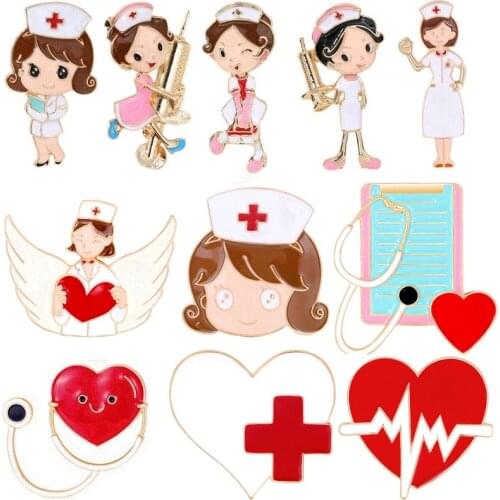 10pcs/Lot Big Size Lovely Cartoon Nurse Doctor Medical Workers Officers Jewelry Gifts Love Heart Stethoscope Pins Badge Brooches