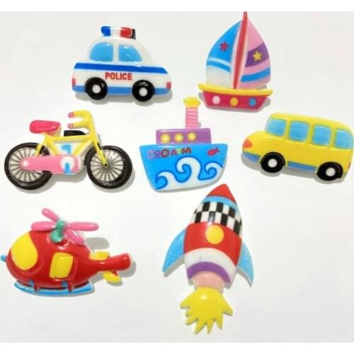 10Pcs Cartoon Style Vehicle Ship Bicycle Rocket Helicopter School Bus Police Car for DIY Headwear Hair Clips Decor Accessories