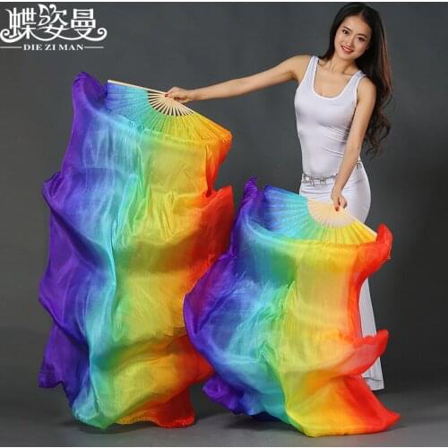 2017 belly dance Stage Performance Dance Fans 100% Silk Veils Colored 180cm Women Belly Dance Fan Veils SZ002