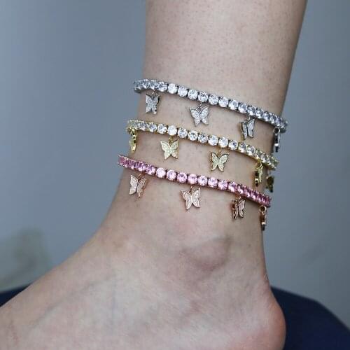 3 Colors Iced Out Hip Hop Anklet Butterfly Shape Paved Colorful Zircon Cute Wholesale Jewelry For Women Wedding Gift 2020 New