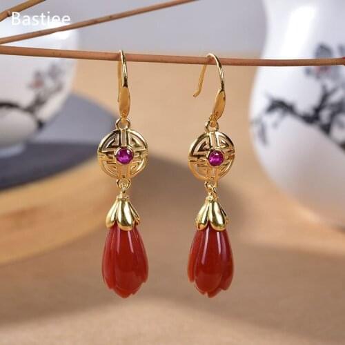 Bastiee Silver Earrings 925 Women Dangle Earrings Red Agate Korean Earrings Pearl Earrings Gifts For Women Silver