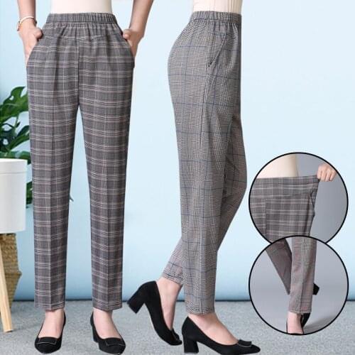Large Size Spring Summer Middle-aged Women Grid Pants Elastic Waist Casual Thin Straight Pants Female Trousers Plus Size W1516
