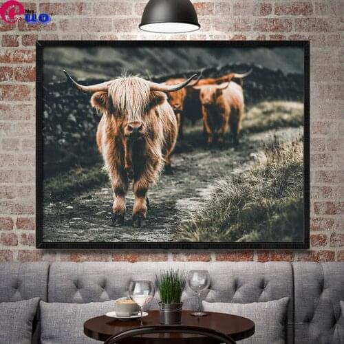 Black and White Highland Cow Cattle Wall Scotland Art Diamond Painting Cross Stitch Scandinavian Wall Picture for Living Room