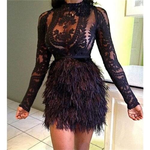 Black Cocktail Dresses Sheath High Collar Long Sleeves Appliques Feather Short Mini Elegant Homecoming Dresses