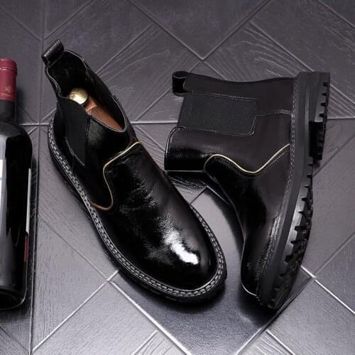 ERRFC Simple Design Mens Black Chelsea Boots Fashion Round Toe Business Leisure Patent Leather Shoes Winter Botas Size 38-43