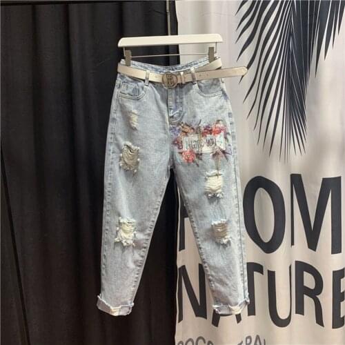 European Trend High Waist Jeans Womens 2020 Summer New Drill Pattern INS Holes Skinny Pencil Pants Ladies Light Blue Jean Pants