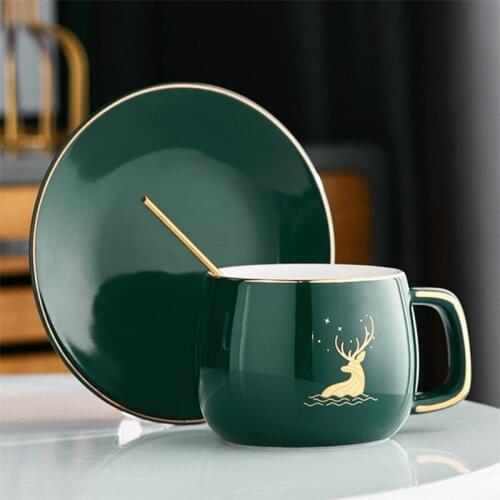 Nordic Ceramic Latte Coffee Cup with Spoon and Saucer Set Porcelain Breakfast Milk Mug Office Afternoon Tea Cup Drinkware 280ML