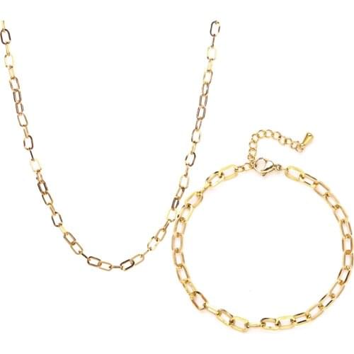 Vintage Gold Popular Paper Clip Chain Gold Stainless Steel Bracelet Necklace Set woman Bridal Jewelry Sets