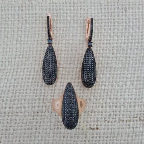 Silver Set 925 Silver Black Drop Ring Earing Necklace Set