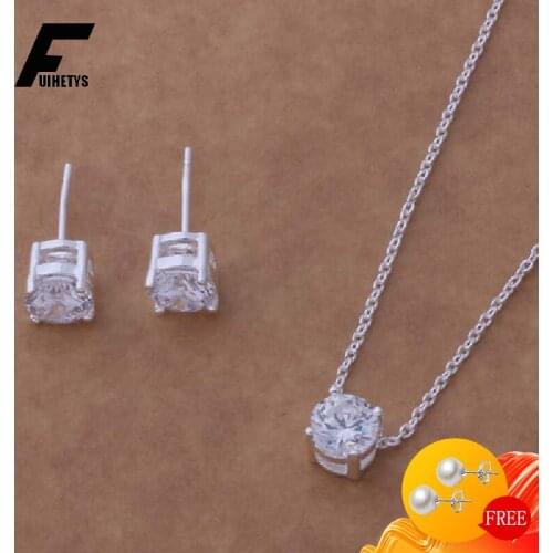 Fashion 925 Silver Jewelry Set Earrings Pendant Necklace Round Zircon Gemstone Accessories for Women Wedding Bridal Party Gift
