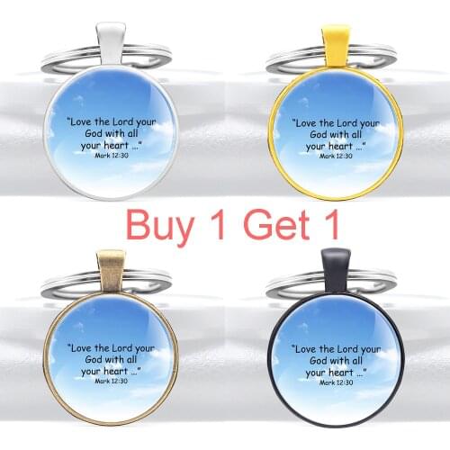 Buy 1 Get 1 Bible Verse "love the Lord Your God with All Your Heart..." Design Glass Cabochon Metal Key Chain