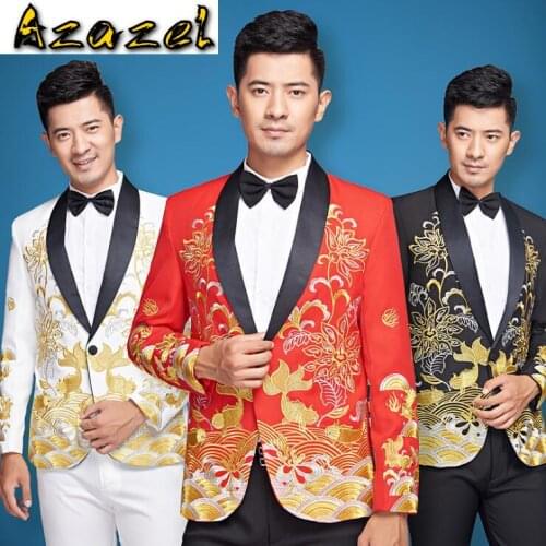 Hot New male singer stage costumes Mens Korean Slim Fashion Embroidery Suit Grooms wedding dress Men personality Blazer Coats