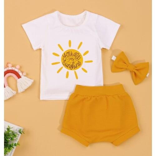 3PCS Cute Summer Kids Suit Set Infant Girls Sun Letter Print O-Neck Short Sleeve Tops+Solid Color Shorts+Headband Clothing Set