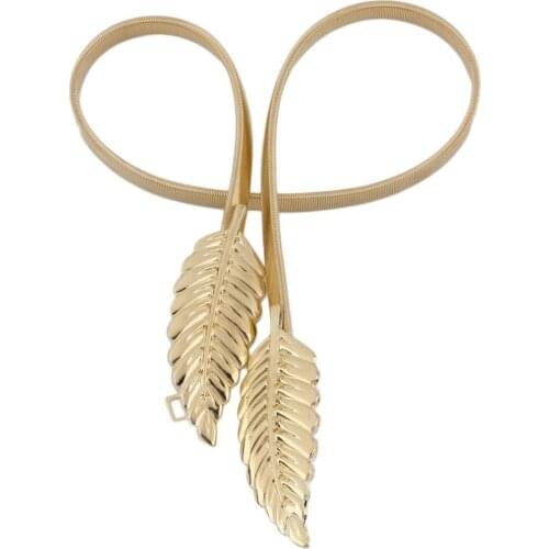 New Gold Silver Elastic Waist Belt Leaves Chain Belts Leaf Shape Belt Metal Leaves Cummerbund Clasp Front Stretch Waistband