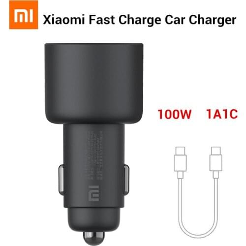 Original Xiaomi 100W Car Charger Dual USB Quick Charge Mi Car Charger USB-A USB-C Dual Output LED Light With 5A Cable