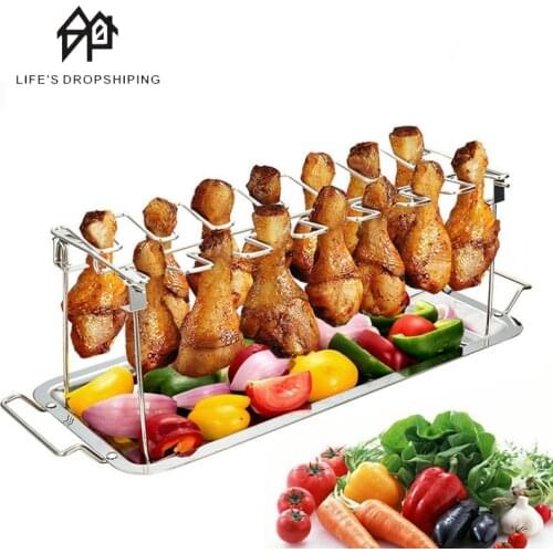 14 Slots Stainless Steel Beef Chicken Leg Wing Grill Rack BBQ Barbecue Drumsticks Holder Smoker Oven Roaster Stand with Drip Pan