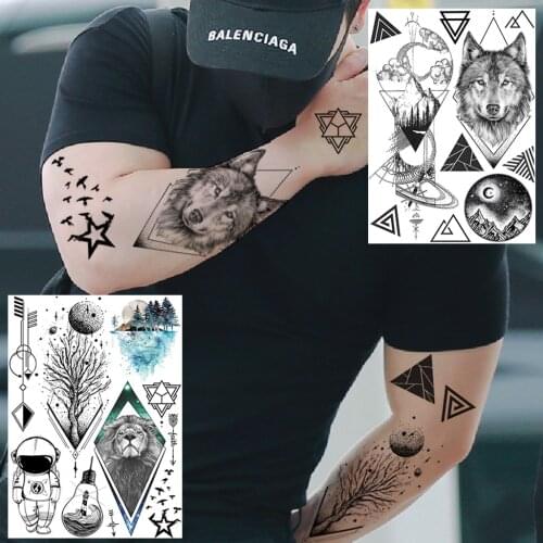 DIY Black Wolf Lion Temporary Tattoos Sticker For Men Boys Adult Body Art Tattoo Fake Washable Triangle Space Star Tatoo Drawing