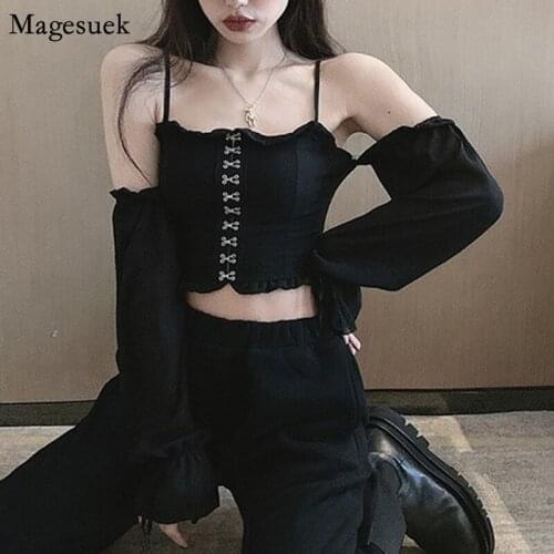 Gothic Style Long Sleeve Shirt Tops Female Sexy Backless Women Blouse 2021 Spring Slash Neck Solid Blouses Ladies Clothes 13316