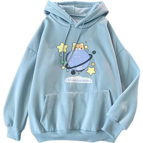 Women Hoodie Autumn Winter Korean Students Print Earth Puppy Harajuku Girl Sweatshirt Bear Ears Embroidered Letters Blue Hoodie