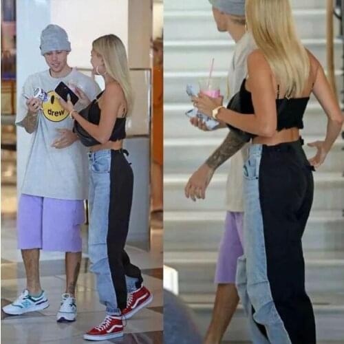 2020 High Street High Waist Contrast Color Jeans Retro Long Denim Cargo Pants Spring Casual Full Length Jeans Women Trousers