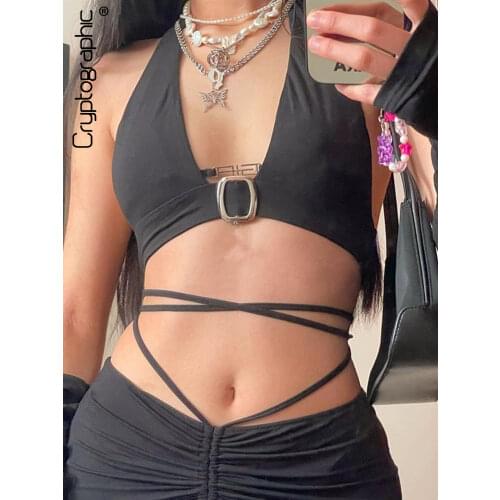 Cryptographic Chic Fashion Letters Halter Crop Tops with Sleeve Women Backless Sleeveless Rave Festival Cropped Top Streetwear