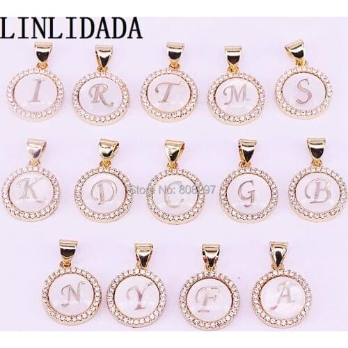 15Pcs Gold/Silver Color White Shell CZ Cubic Zirconia Initials A-Z 26 Letter Pendant Charms For Women Men Jewelry Making