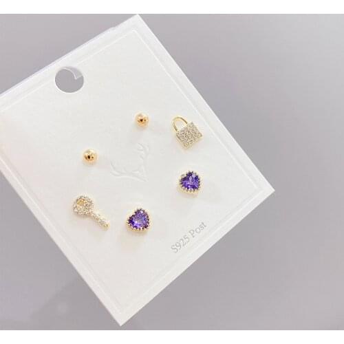 2021 New Arrival 6pcs S925 Silver Needle Heart Stud Earrings for Women 14K Real Gold Jewelry Zircon Lock Earrings