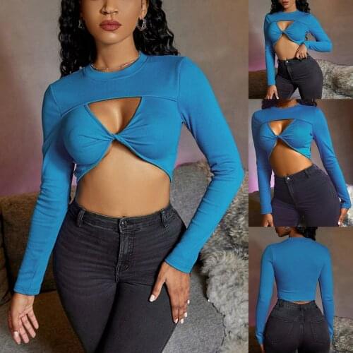 IMCUTE Y2K O-neck Hollow Twisted Long Sleeve T-Shirt Womens Fashion Solid Color Ribbed Knit Pullover Wrapped Slim Short Top