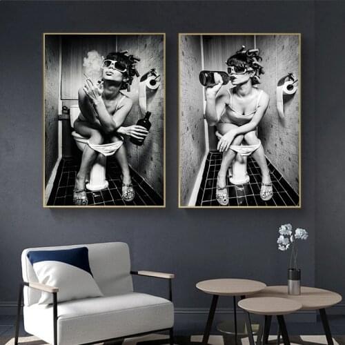 Sexy Girl Sits in a Toilet Nordic Canvas Art Posters And Prints Black And White Canvas Paintings On the Wall Art Pictures Cuadro