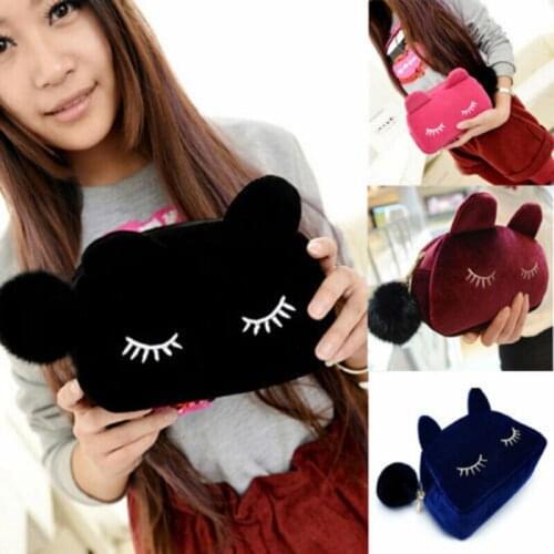 Womans Beauty Cosmetic Makeup Bag Organizer Zipper Cartoon Stuffed cat Handbag Travel Toiletry Case Pouch handbag
