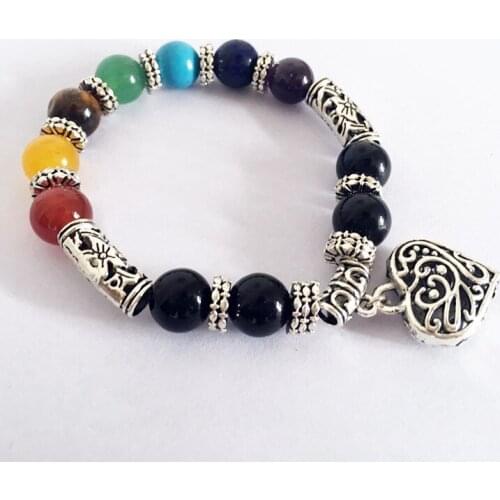 Hot selling men and women rainbow 7 chakra agate charm heart bracelet wholesale tennis bracelet gemstone bracelet jewelry