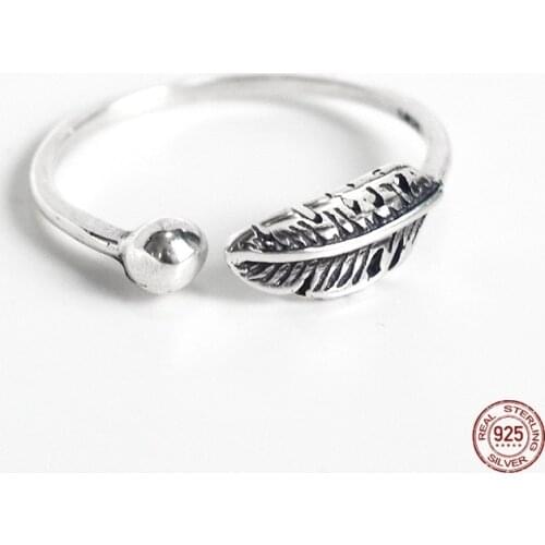 LKO 925 Sterling Silver Vintage Feather Personality Tree Leaf Adjustable Ring Fine Jewelry For Women Party Elegant Accessories