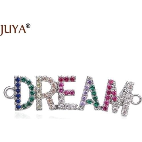 Copper inlay Coloured Zircon Rhinestone English Words "DREAM " Pendant Connectors Accessories For Jewelry Making Components