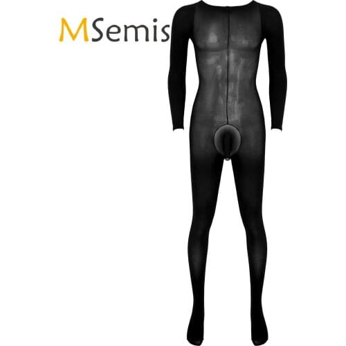 Mens Lingerie Bodysuit Bulge Pouch Stretchy Bodystocking See Through Round Neck Long Sleeve Full Bodysuit Underwear Nightwear