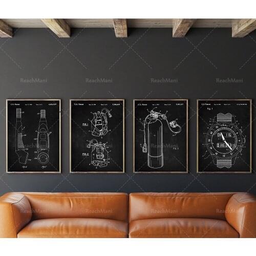 Scuba patent set 4, diving patent art, scuba tank patent, BCD jacket printing, diving computer blueprint, diving watch gift deco