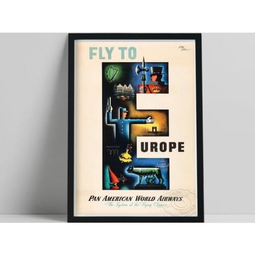World Airline Travel Poster, Fly To Europe Abstract Funny Canvas Painting, World Airways Company Publicity Art Prints Home Decor
