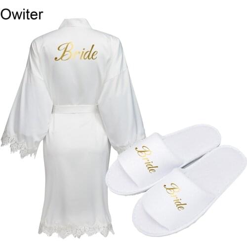 Bride Bridesmaid Robes Satin Silk Robe & Slippers Wedding Robe Dressing Women Robes Party Gifts Gown Bathrobe White