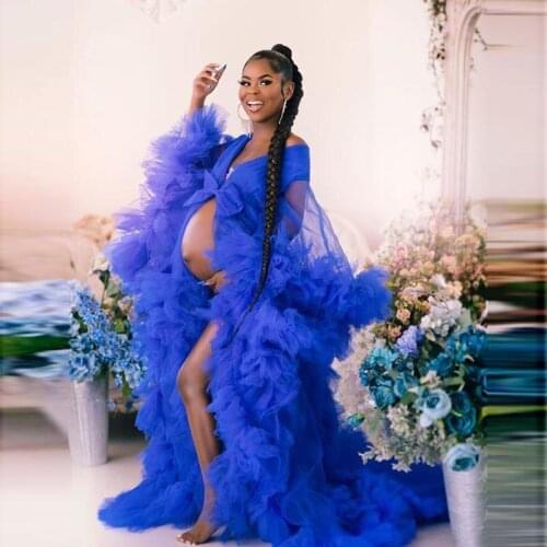 Royal Blue Ruffles Full Sleeve Prom Dresses Pregnant Party Formal Women robe de soiree Sheer Robe Shawel Maternity Photoshoot Go